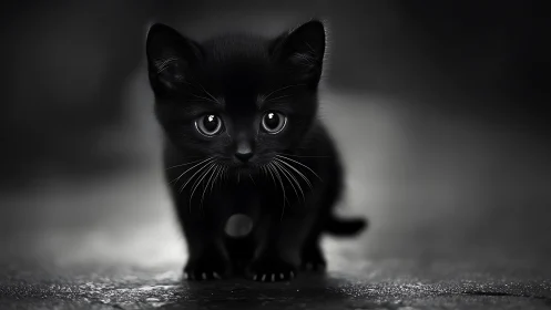 Midnight Mischief: Curious Kitten Locks Luminous Gaze Into Frame