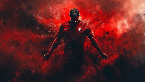 Explosive red energy burst surrounding silhouetted footballer