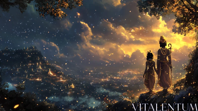 Two robed figures observing illuminated valley settlement.