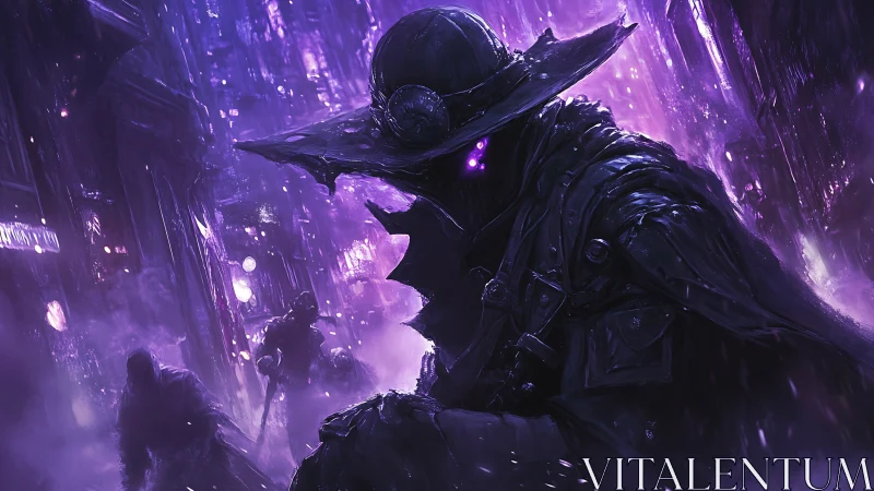 Armored shadow operative patrols neon storm‑lit cyber alleyway