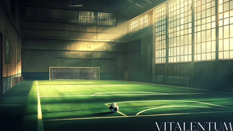 Indoor soccer field shows lone ball in soft window light