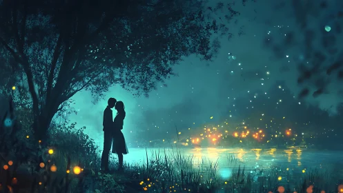 Couple Embracing by River at Night with Glowing Fireflies.