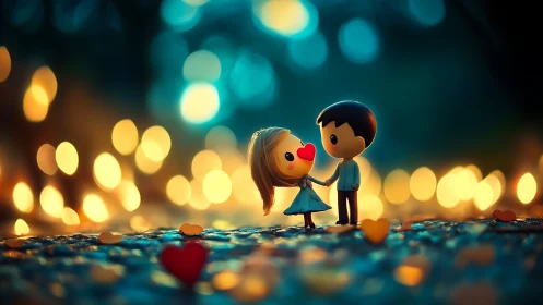 Two figurines with heart symbol in bokeh lit environment.
