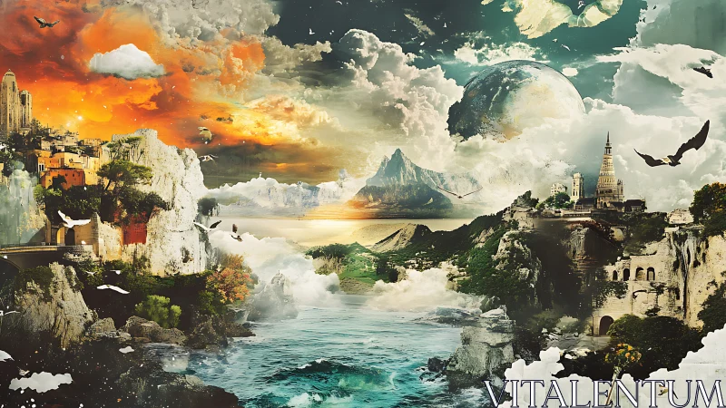 Dreamlike coastal worlds blending cities, cliffs, and skies.