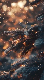 Snowy evergreen branches glow softly with golden winter lights