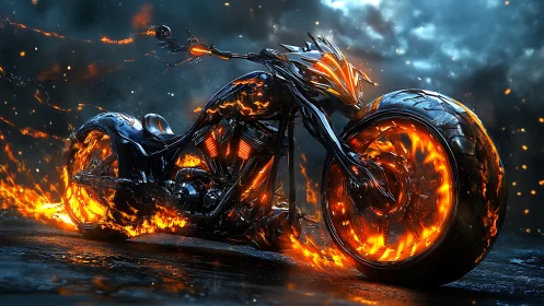 Flaming bio-mechanical chopper motorcycle on wet asphalt at night.