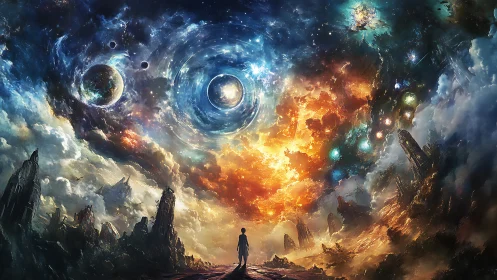 Solitary figure faces cosmic vortex over shattered world