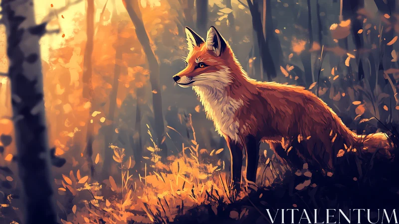 Red fox in backlit autumn forest rendered as digital painting