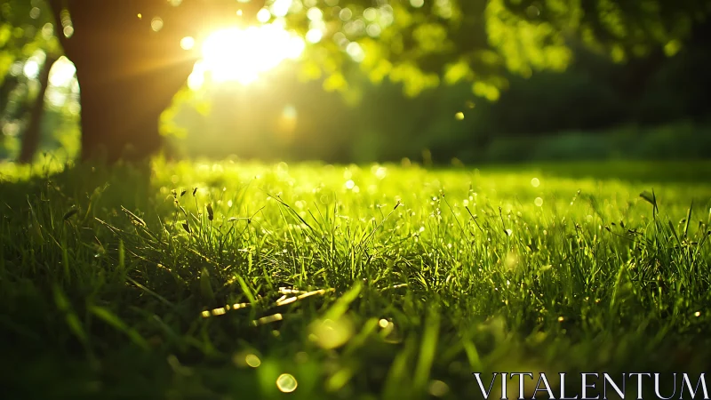 Sunlit Grass and Trees in Tranquil Morning Nature Scene.