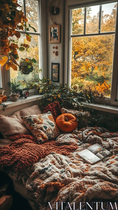 Cozy autumn window nook holds layered blankets and pumpkin