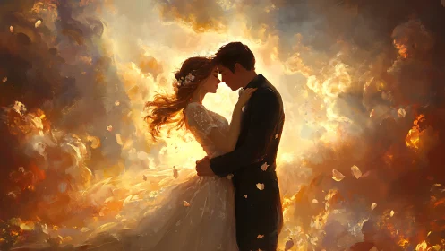 Couple in formal attire forehead-to-forehead within golden luminous environment