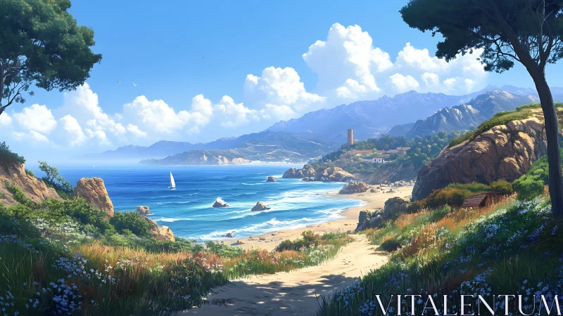 Mediterranean Coastal Valley with Mountain Range and Sailboat.