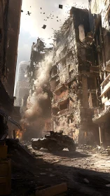 Armored assault vehicle amid high-rise structural collapse.