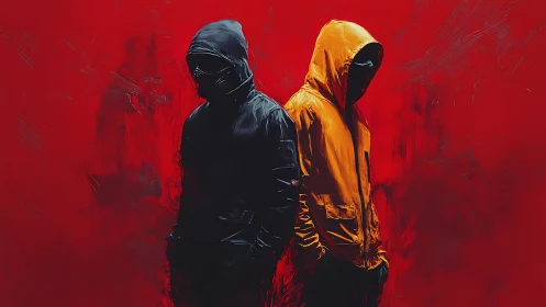 Hooded dual figures on saturated red field, high contrast