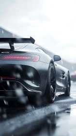 Rear view sports car cuts through rain on wet racetrack.