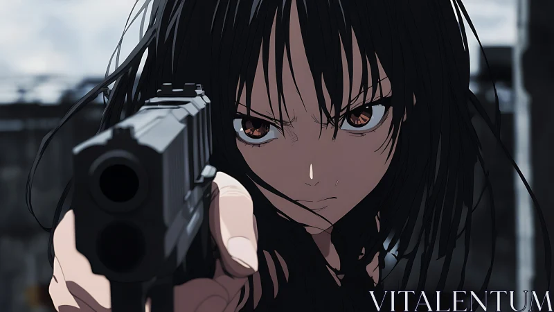 Fierce anime heroine levels a pistol with sharp, steady focus