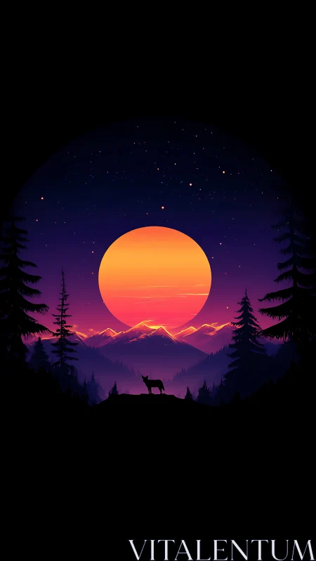 Celestial-gradient wolf silhouette against neon alpine sun.