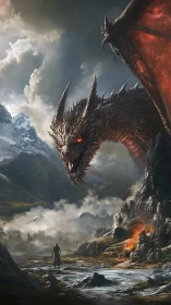 Dragon descends over lone sorcerer in stormy mountain pass.