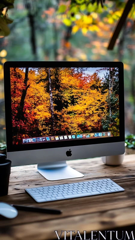 Cozy desktop workspace opens onto bright autumn forest view