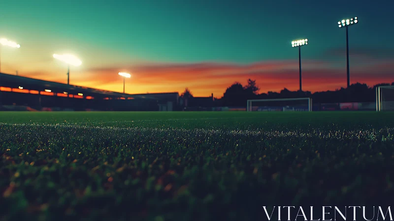 Sunset-lit soccer field under stadium lights at dusk.