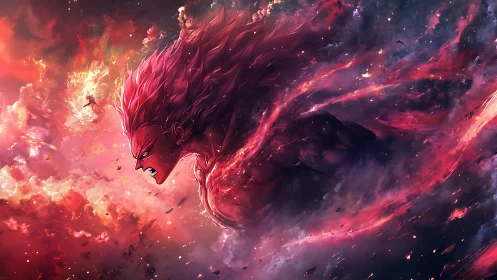 Celestial inferno warrior dissolving into cosmic flame.