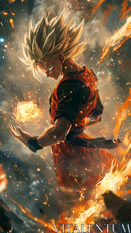 Fierce anime warrior glowing with firelit cosmic power.