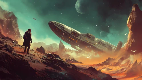 Astronaut watching massive starship over alien canyon.