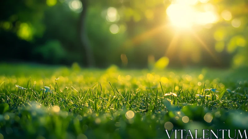 Low-angle view of dewy grass in soft morning backlight.