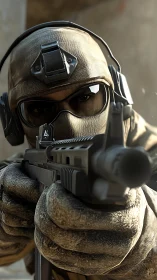 Tactical sharpshooter locked in close-quarters focus storm.