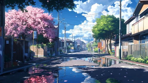 Sunlit suburban street shows wet asphalt and cherry blossoms reflected
