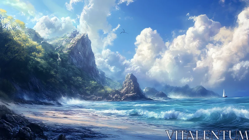 Sunlit waves welcome a peaceful cove beneath bright skies