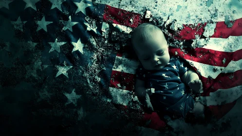 Sleeping baby nestled in a weathered American flag dreamscape.
