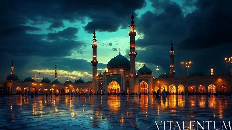 Illuminated mosque courtyard at dusk under cloudy sky.