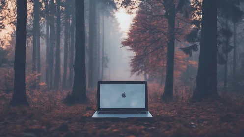Cozy laptop glow in a misty autumn forest escape.