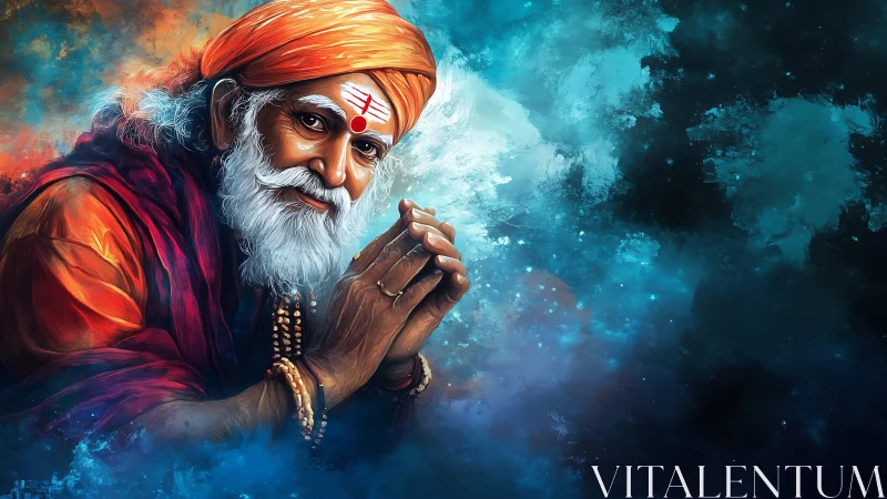 Digital portrait of elder sage against abstract nebular backdrop