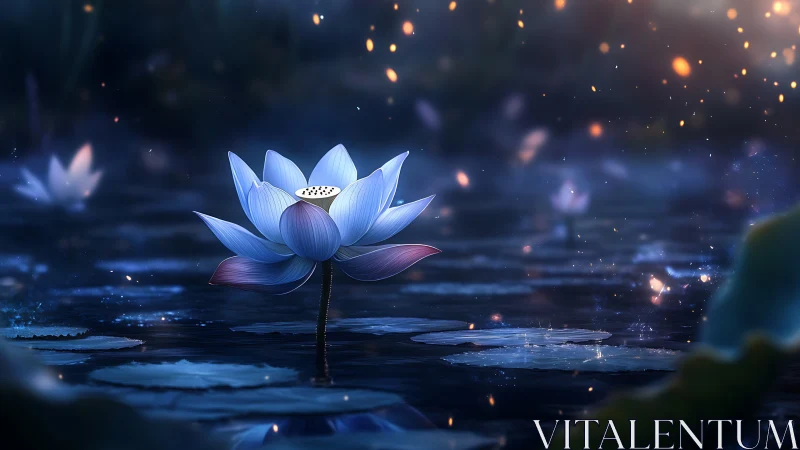 Mystic blue lotus glowing over twilight pond surface.