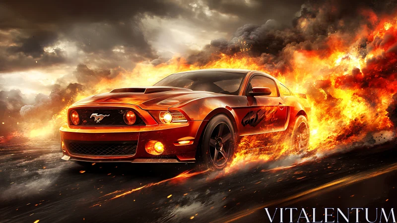 Muscle car blazing through explosive inferno on highway.