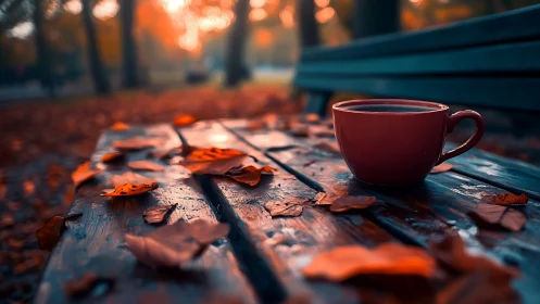 Warm red coffee cup on wet autumn park bench at dawn.