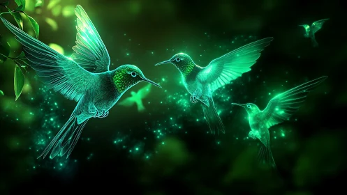 Glowing emerald hummingbirds in luminous green haze.