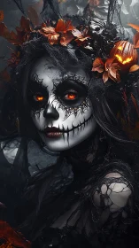 Gothic skull-painted woman with fiery eyes and autumn crown.