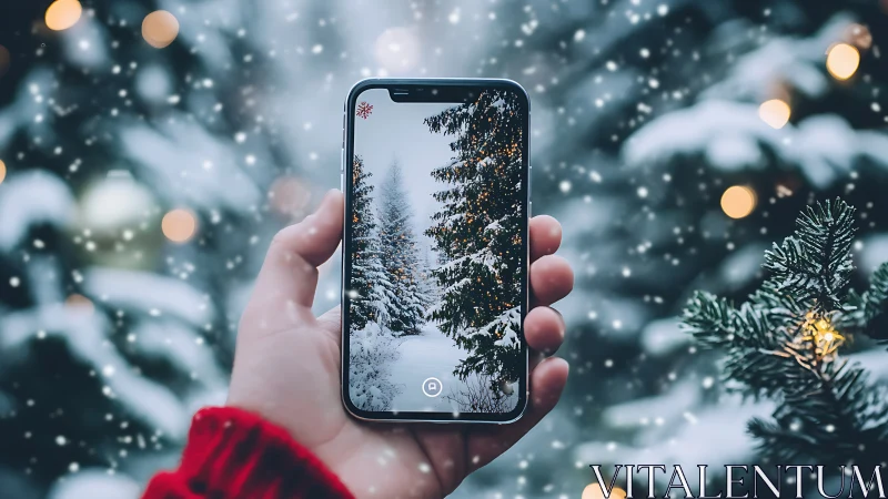 Snowy forest magic captured through a cozy winter phone.