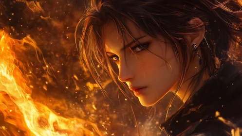 Fierce fire wielder gazes ahead with glowing determination