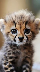 Close-up portrait of alert cheetah cub with wide eyes.