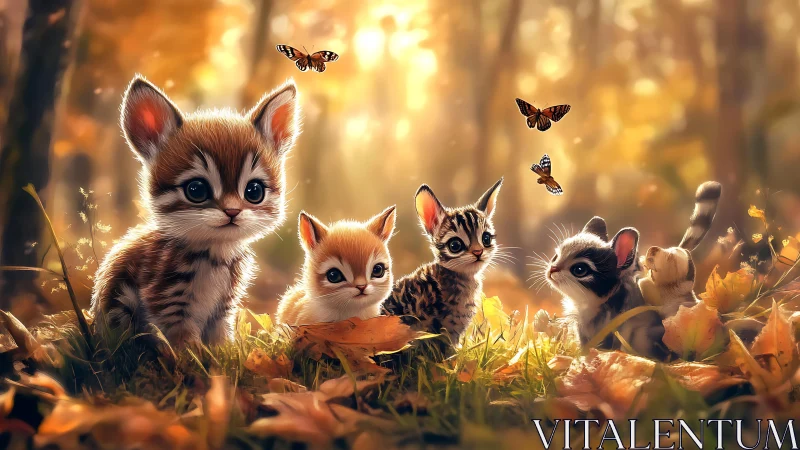 Forest Kittens Enchanted by Butterflies in Golden Autumn Light