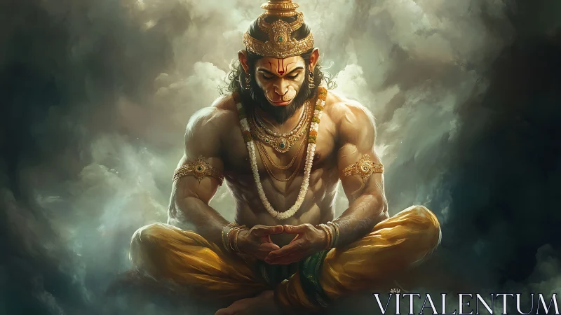 Divine simian warrior meditates in luminous storm clouds.