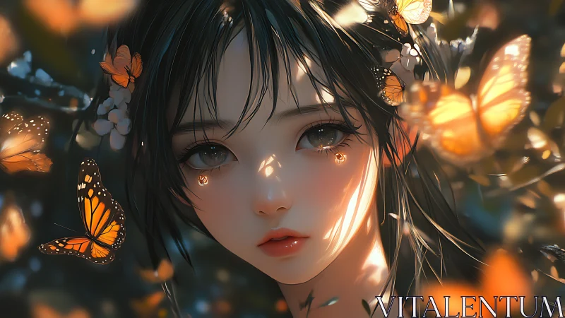 Melancholic anime girl gazes amid glowing orange butterflies