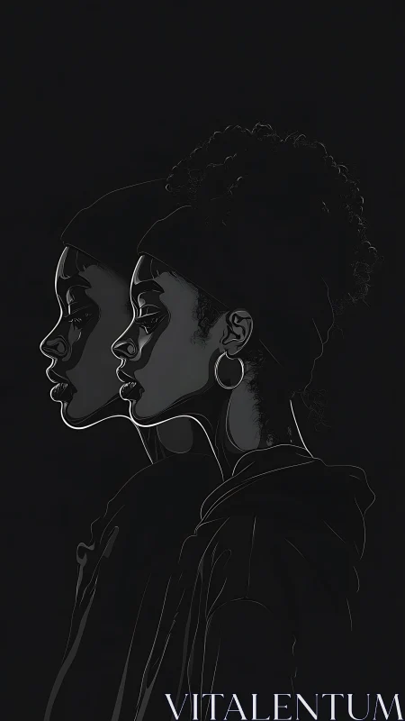 Dual monochrome profiles with contour-lined highlights and shadowed form