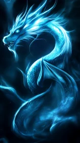 Luminous blue dragon coils through shadowy ethereal mist