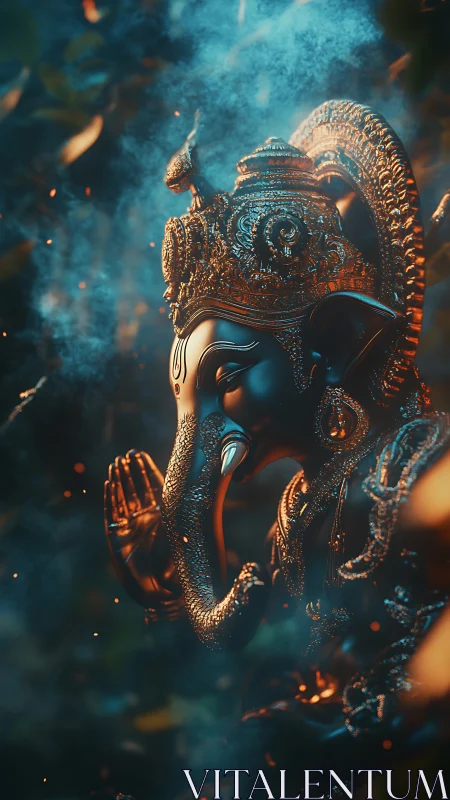 Golden Ganesha statue glows in mystical teal incense haze