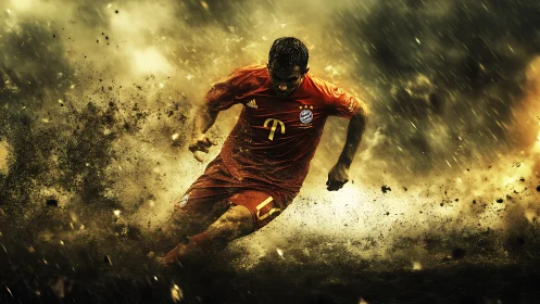 Dynamic soccer sprint framed by particle dispersion and motion blur